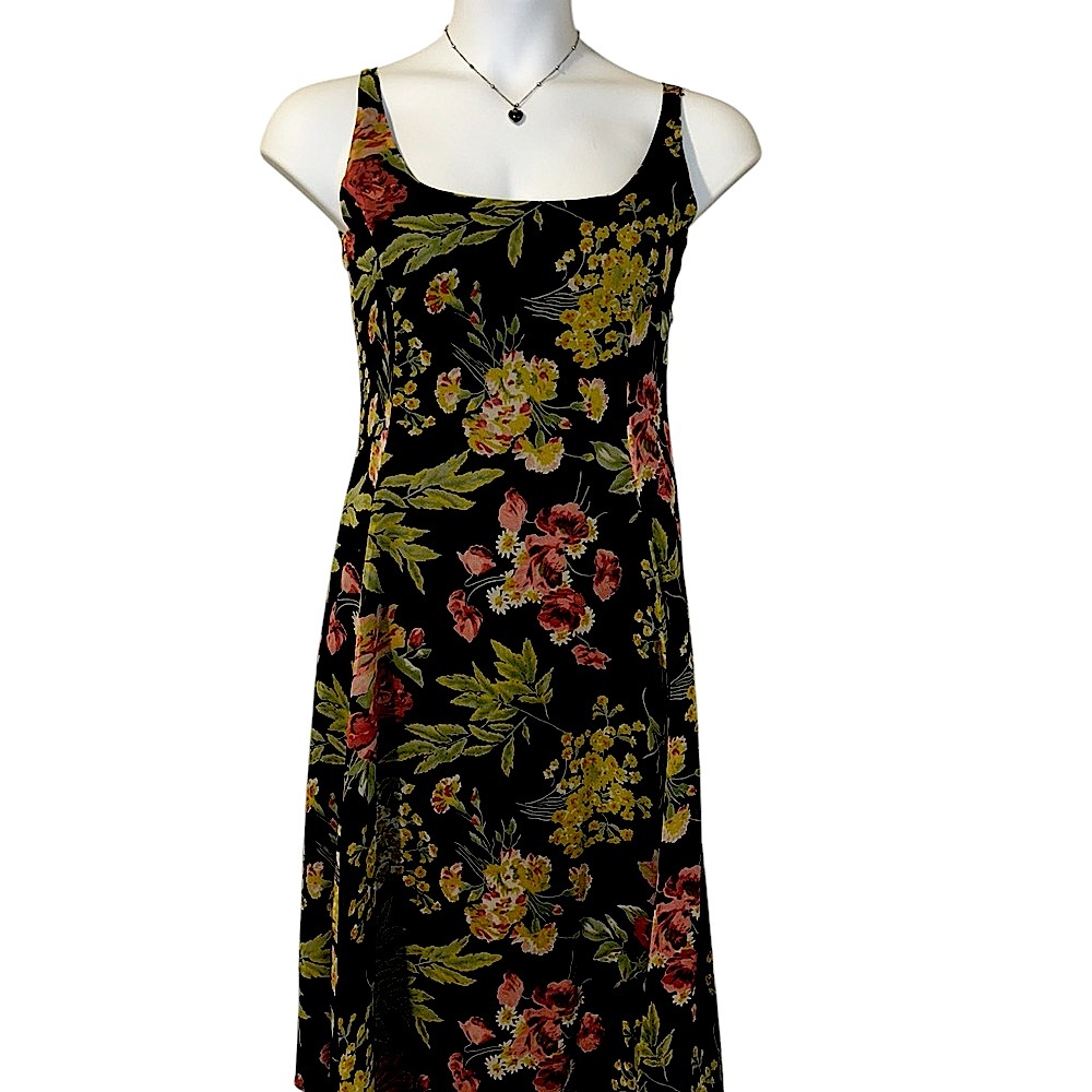 Lauren Ralph Lauren Black Floral Midi Dress with Green and Pink Accents